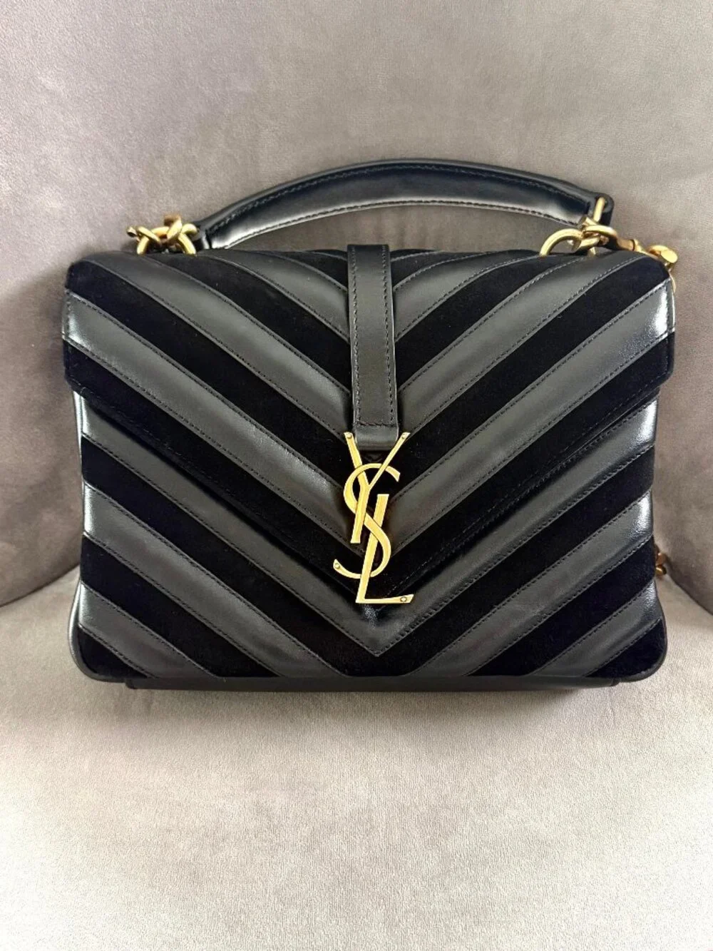 YSL Medium College Bag Black Suede and Leather